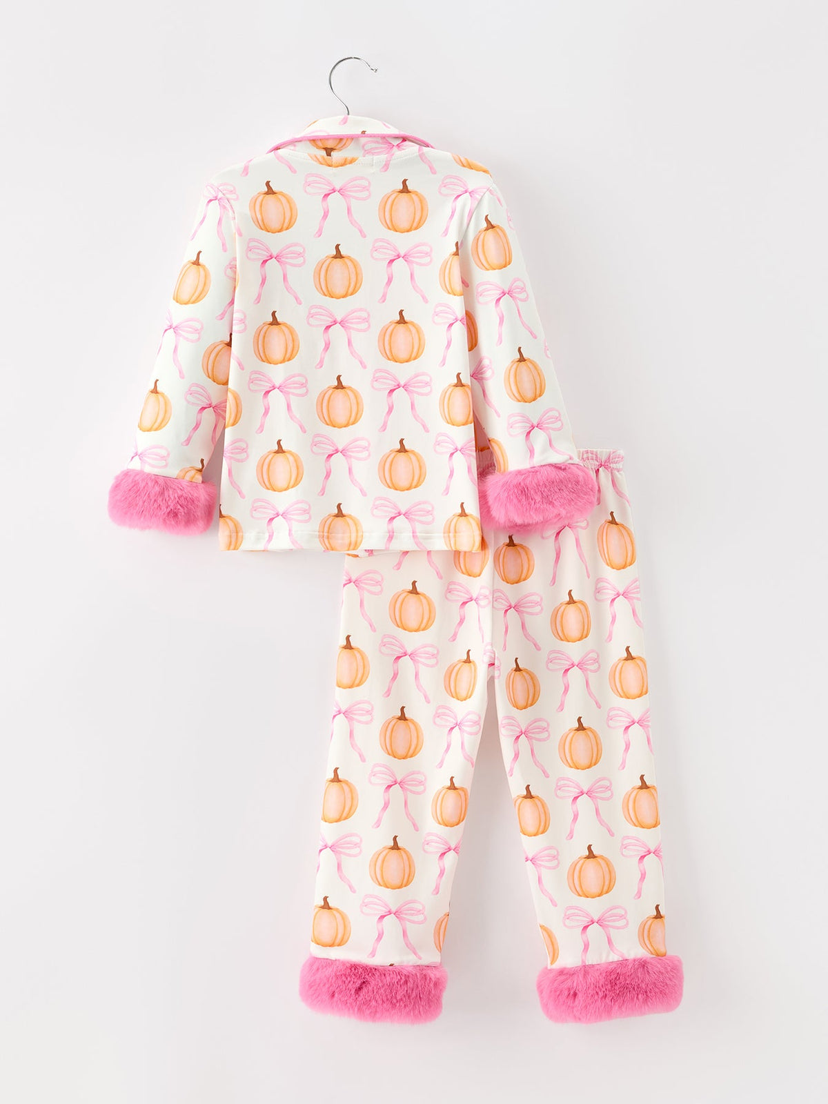 Three Little Tots Halloween Thanksgiving Pumpkin Bow Fur Pajama Set, another angle