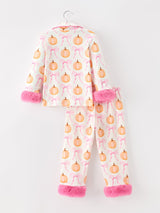 Three Little Tots Halloween Thanksgiving Pumpkin Bow Fur Pajama Set, another angle