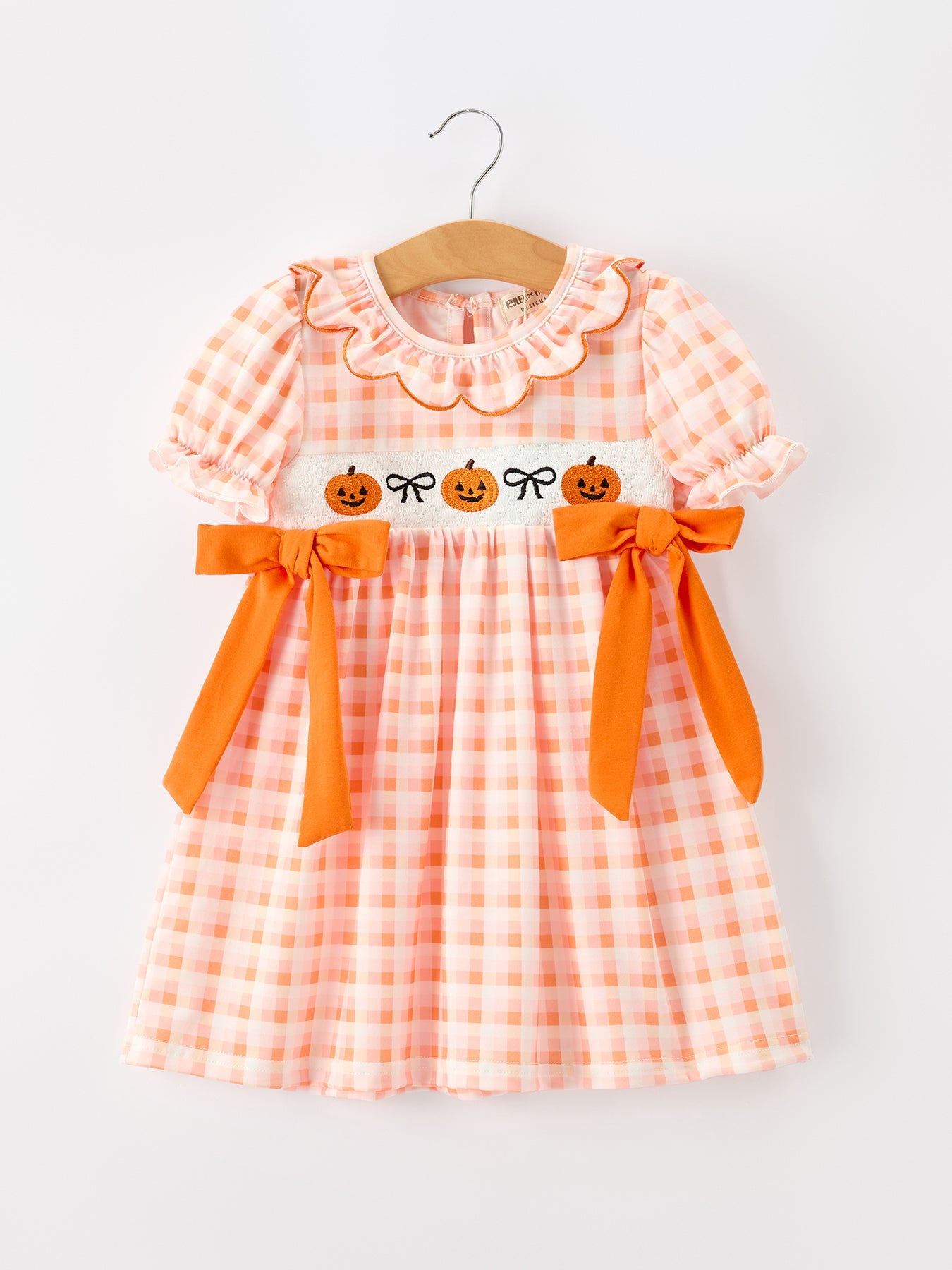 Three Little Tots Halloween Pumpkin Plaid Bow Girls Dress