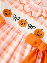 Three Little Tots Halloween Pumpkin Plaid Bow Girls Dress, alternate angle