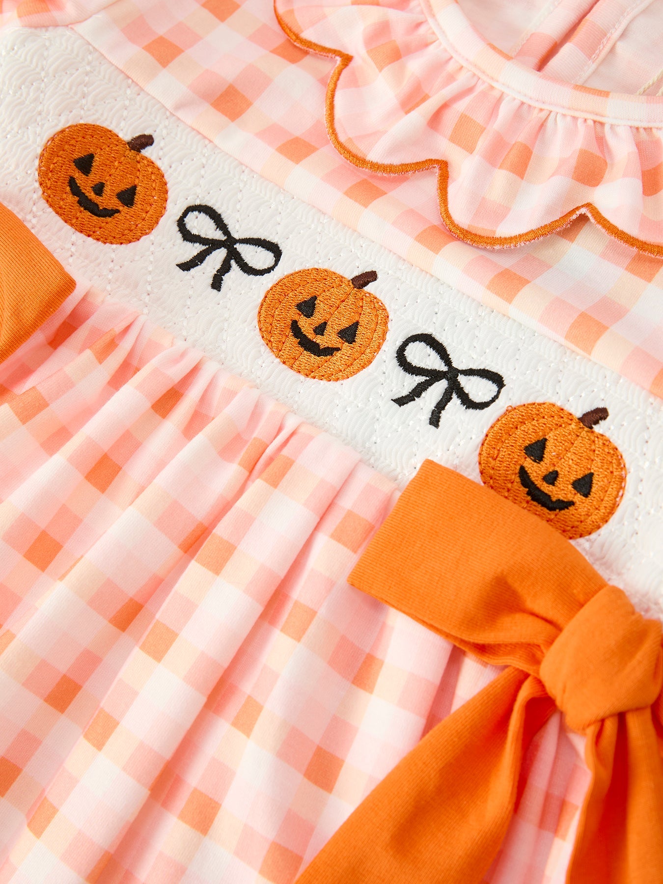 Three Little Tots Halloween Pumpkin Plaid Bow Girls Dress, alternate angle
