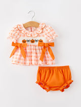 Three Little Tots Halloween Pumpkin Plaid Girls Bloomer Set