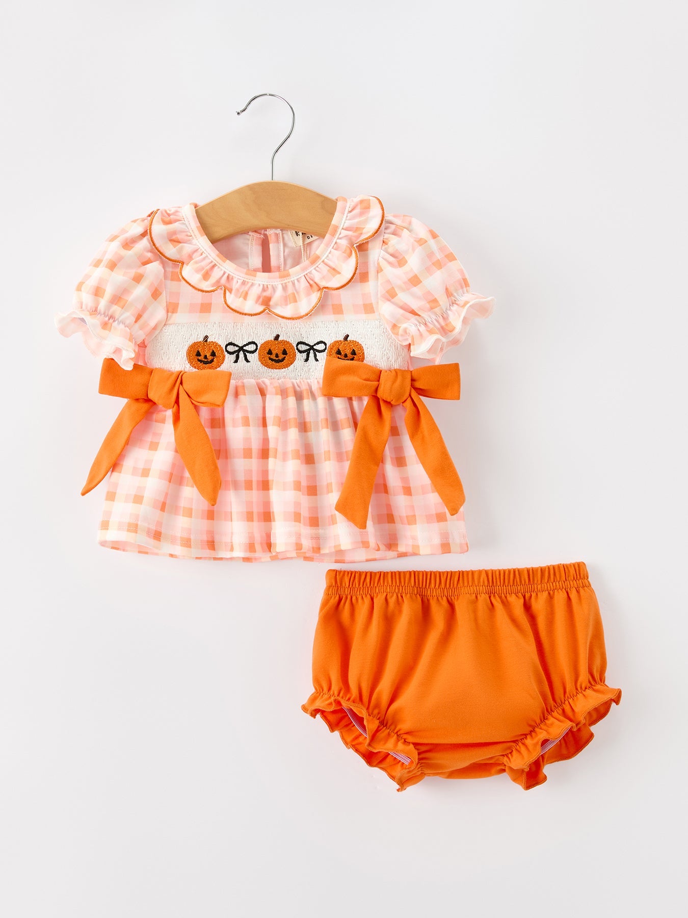 Three Little Tots Halloween Pumpkin Plaid Girls Bloomer Set