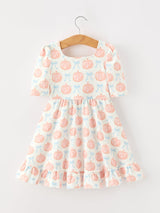 Halloween Thanksgiving Pumpkin Bow Girls Twirl Ruffle Dress