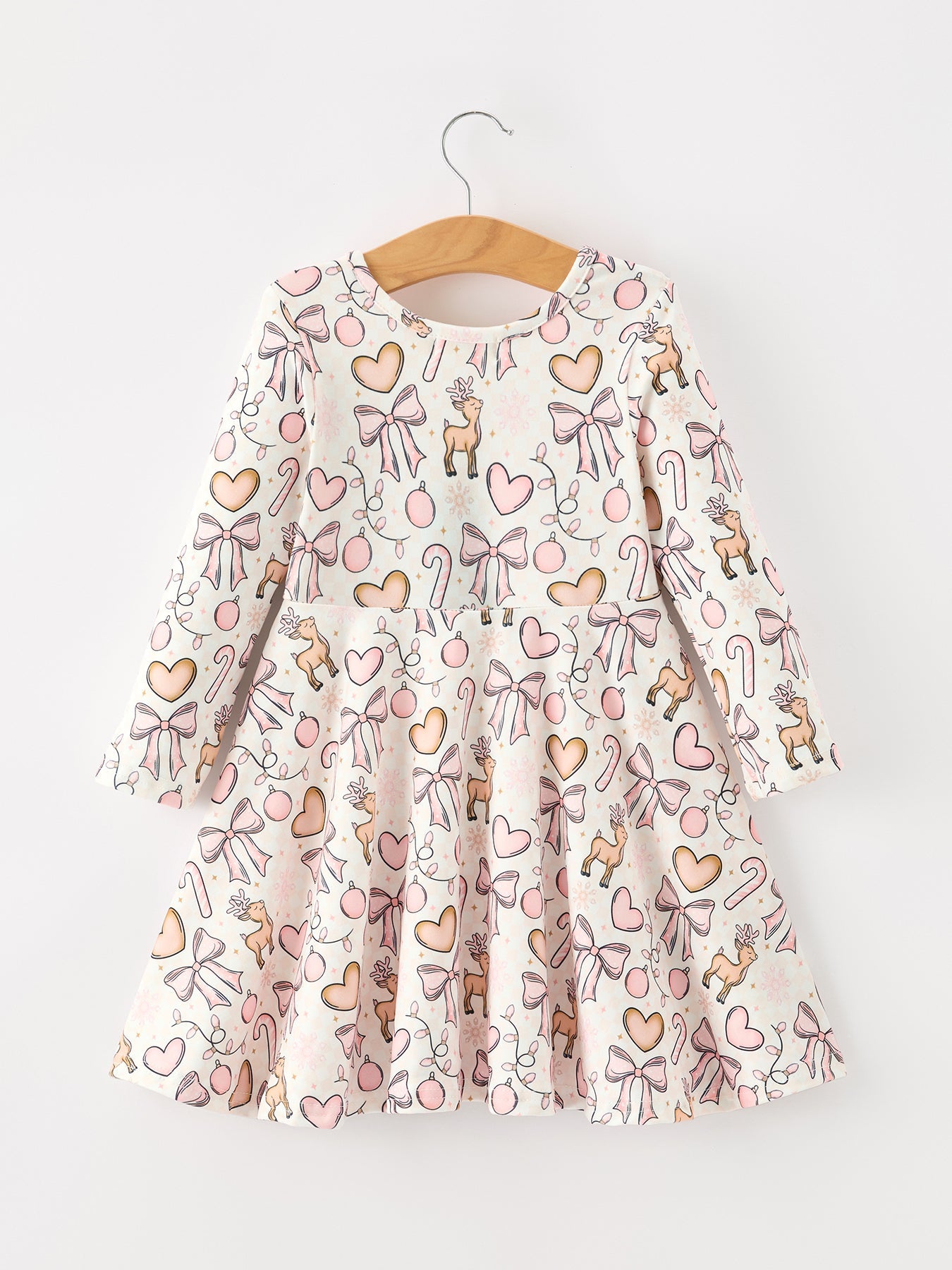 Three Little Tots Pink Bow Reindeer Candy Cane Girls Twirl Dress, additional product photo