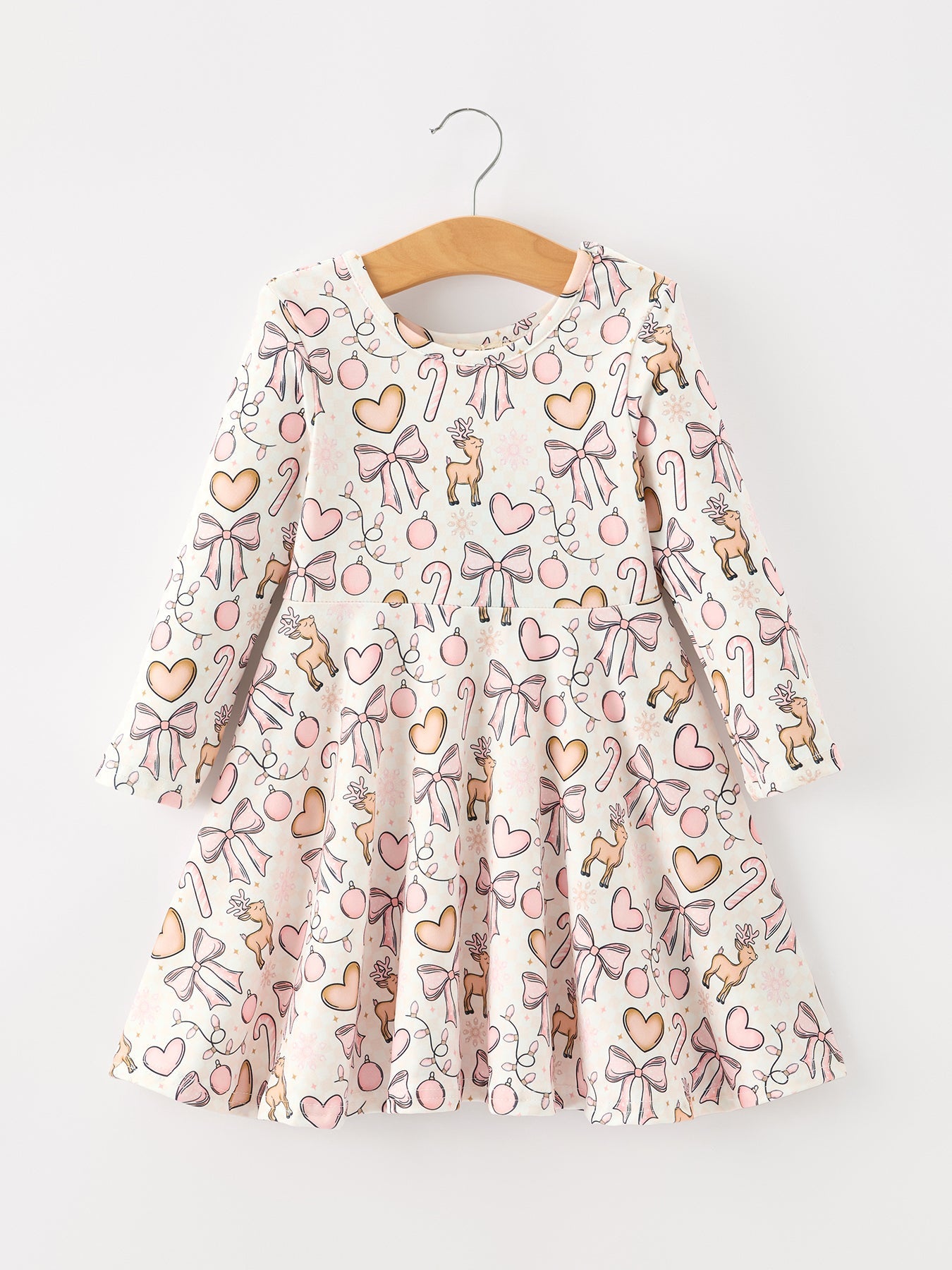 Three Little Tots Pink Bow Reindeer Candy Cane Girls Twirl Dress