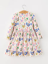 Fall Farm Chicken Print Girls Ruffle Hem Twirl Dress