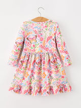 Fall Butterfly Floral Print Girls Ruffle Hem Twirl Dress