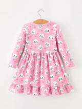 Fall Cat Print Girls Ruffle Hem Twirl Dress