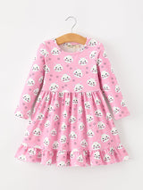 Fall Cat Print Girls Ruffle Hem Twirl Dress