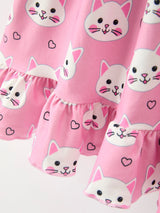 Fall Cat Print Girls Ruffle Hem Twirl Dress