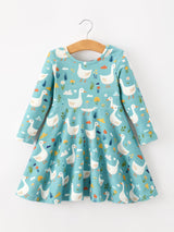 Fall Goose Print Girls Long Sleeve Twirl Dress