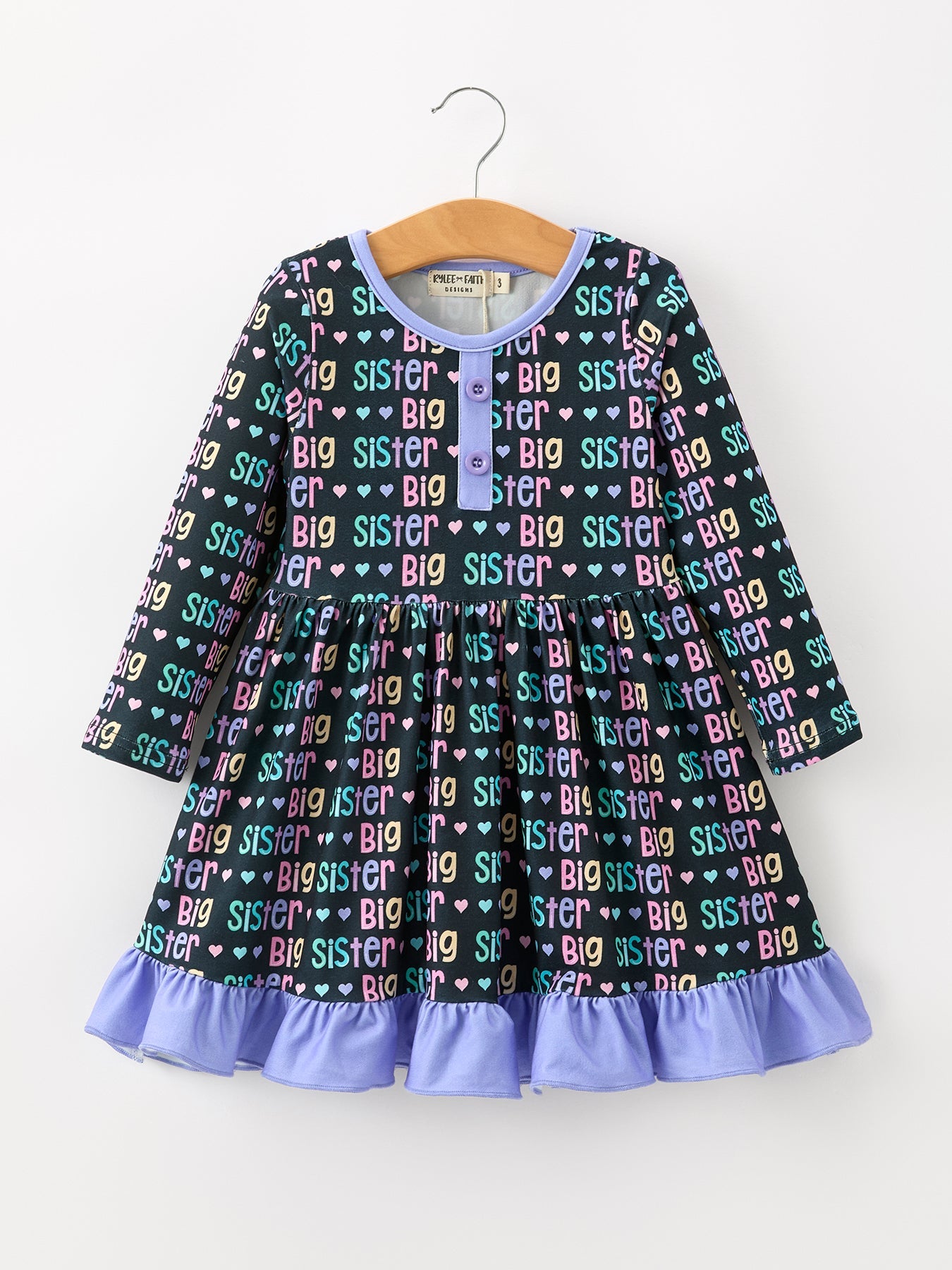 Three Little Tots Big Sister Rainbow Letter Print Girls Ruffle Hem Dress