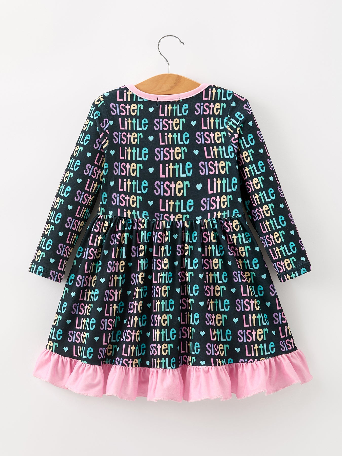 Three Little Tots Little Sister Rainbow Letter Print Girls Ruffle Hem Dress, additional product photo