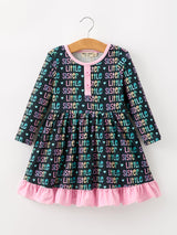 Three Little Tots Little Sister Rainbow Letter Print Girls Ruffle Hem Dress