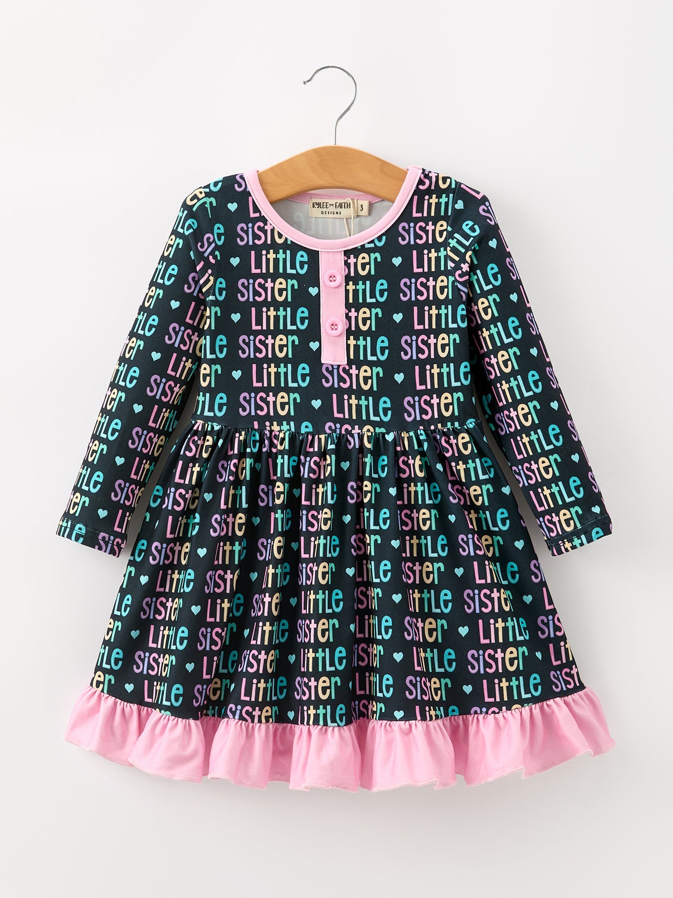Three Little Tots Little Sister Rainbow Letter Print Girls Ruffle Hem Dress