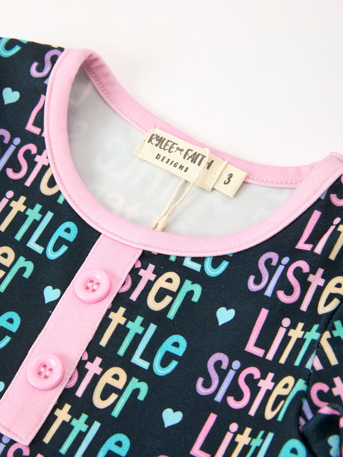 Three Little Tots Little Sister Rainbow Letter Print Girls Ruffle Hem Dress, alternate angle