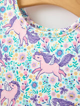 Unicorn Floral Print Girls Short Sleeve Twirl Dress
