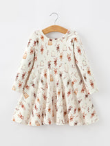 Halloween Ghost Floral Bow Girls Long Sleeve Twirl Dress