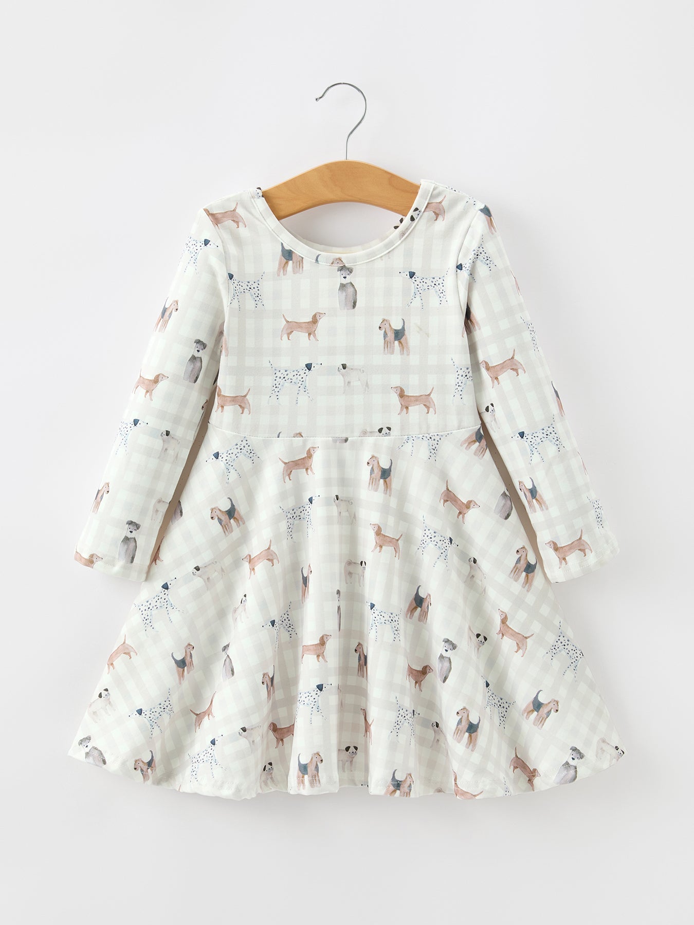 Three Little Tots Fall Plaid Dog Print Girls Long Sleeve Twirl Dress