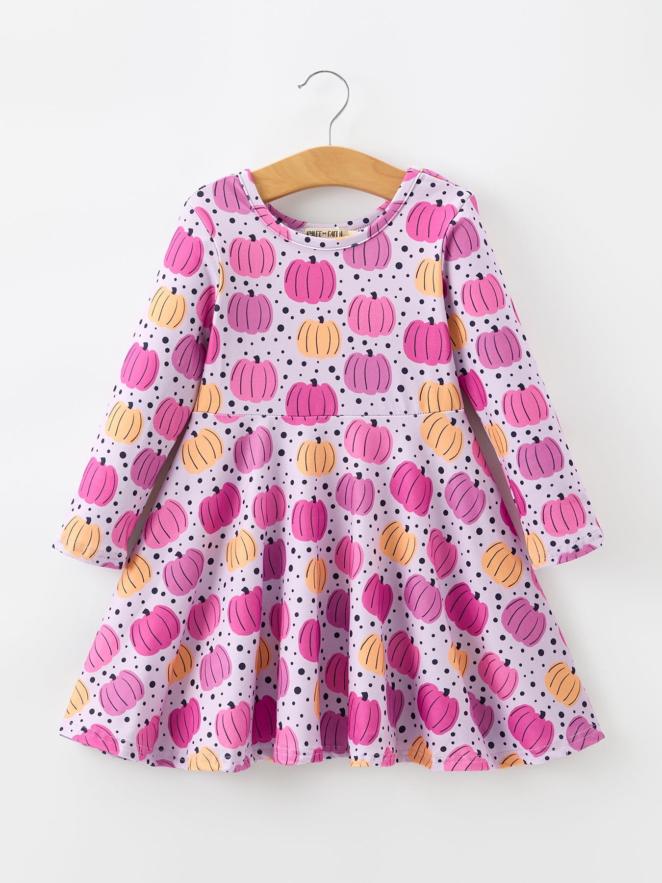 Three Little Tots Halloween Pumpkin Print Girls Long Sleeve Twirl Dress