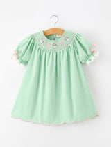 Christmas Mint Green Smocked Santa Girls Puff Sleeve Dress