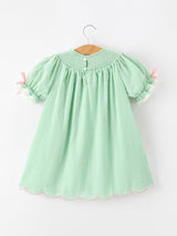 Christmas Mint Green Smocked Santa Girls Puff Sleeve Dress