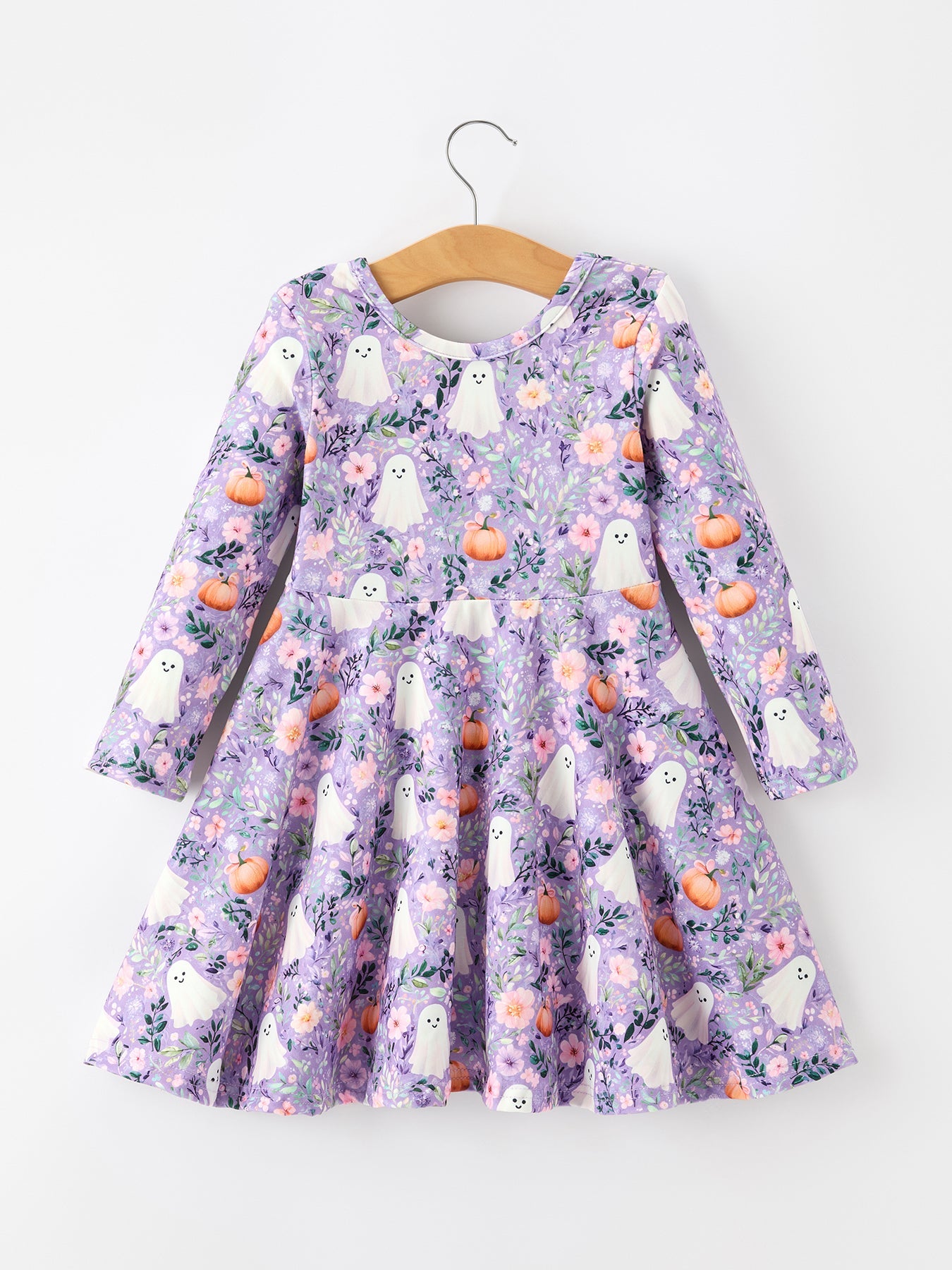 Three Little Tots Halloween Ghost Pumpkin Girls Long Sleeve Twirl Dress, additional product photo