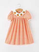 Three Little Tots Fall Pumpkin Embroidered Puff Sleeve Girls Dress