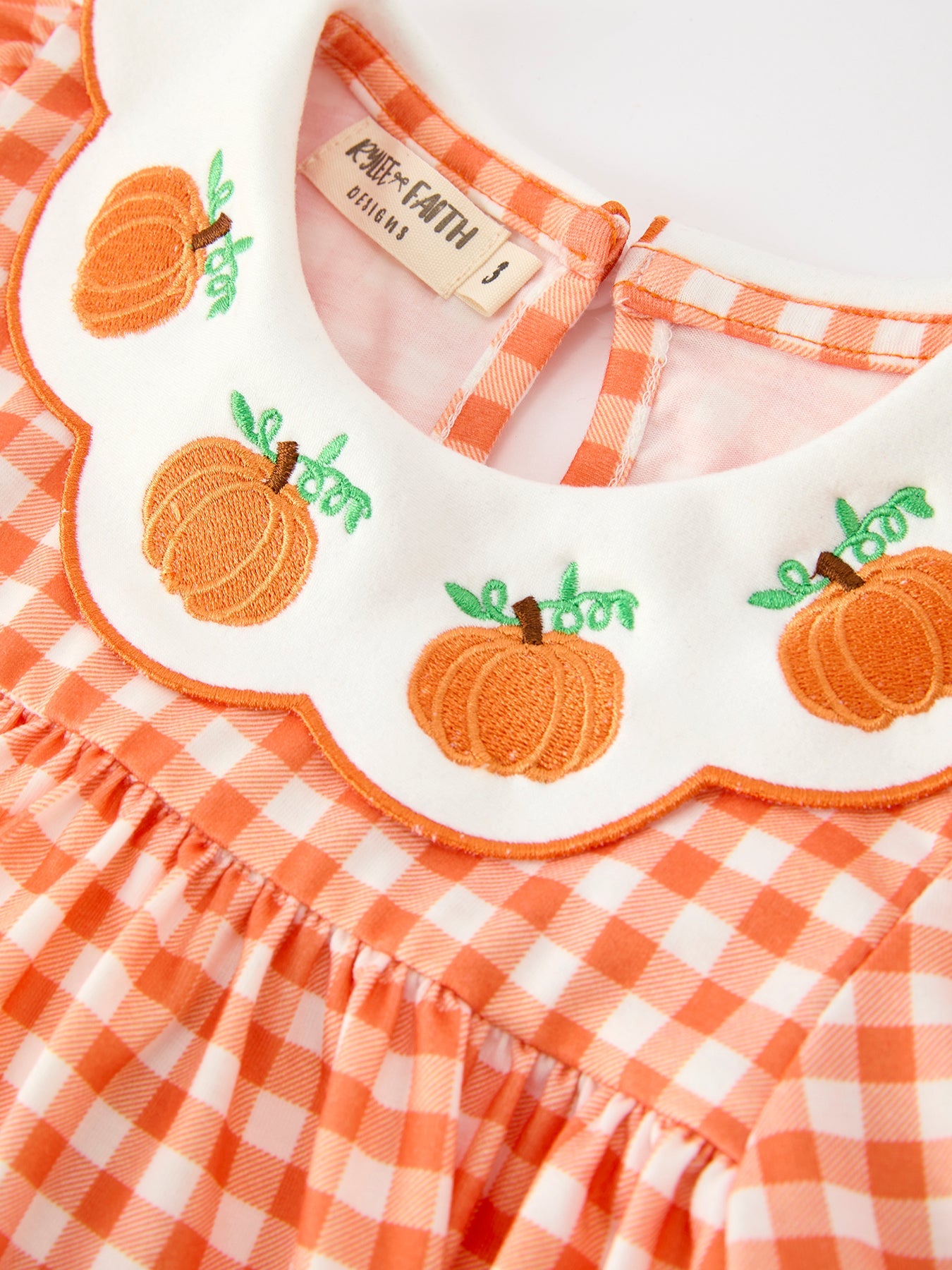 Three Little Tots Fall Pumpkin Embroidered Puff Sleeve Girls Dress, alternate angle