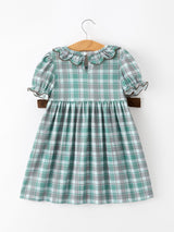 Plaid Moose Smocked Girls Puff Sleeve Dress