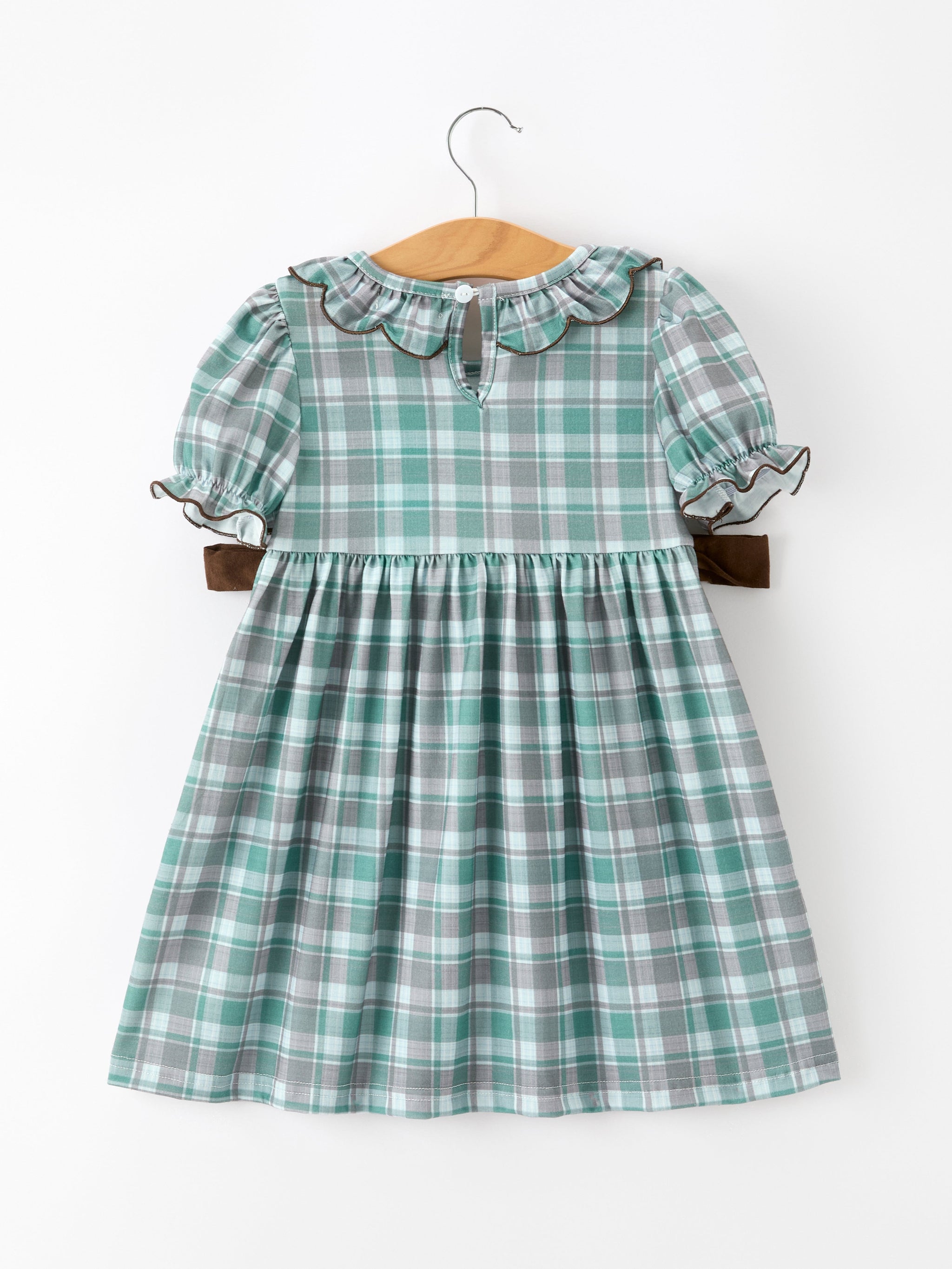 Plaid Moose Smocked Girls Puff Sleeve Dress
