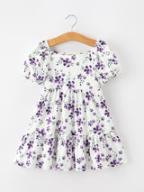 Fall Lavender Floral Puff Sleeve Girls Dress