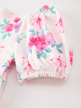 Fall Pink Floral Puff Sleeve Girls Dress