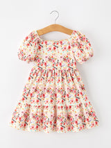 Fall Vintage Floral Puff Sleeve Girls Dress