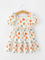 Fall Pumpkin Puff Sleeve Girls Dress