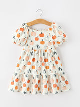 Fall Pumpkin Puff Sleeve Girls Dress