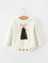 Winter Christmas Tree Girls Knit Romper Bow Long Sleeve
