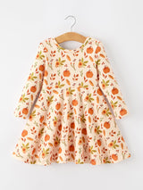 Fall Pumpkin Floral Girls Twirl Dress Long Sleeve