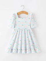 Fall Pumpkin Bow Plaid Girls Ruffle Hem Dress
