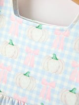 Fall Pumpkin Bow Plaid Girls Ruffle Hem Dress