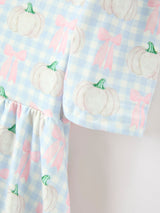 Fall Pumpkin Bow Plaid Girls Ruffle Hem Dress