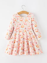 Fall Pink Pumpkin Girls Long Sleeve Twirl Dress