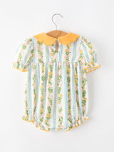 Fall Smocked Floral & Stripe Baby Girl Romper with Scallop Collar