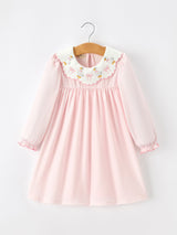 Pink Goose Embroidered Baby Girl Dress Peter Pan Collar Bow Dress