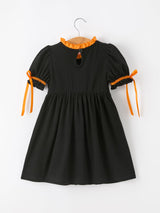 Girls Halloween Dog Pumpkin Embroidered Dress Puff Sleeve