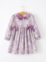 Purple Floral Girls Dress Velvet Collar Bow Long Sleeve Dress