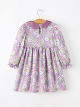 Purple Floral Girls Dress Velvet Collar Bow Long Sleeve Dress