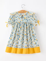 Floral Girls Dress Peter Pan Collar Yellow Trim Puff Sleeve Dress