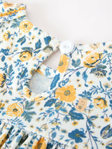 Floral Girls Dress Peter Pan Collar Yellow Trim Puff Sleeve Dress